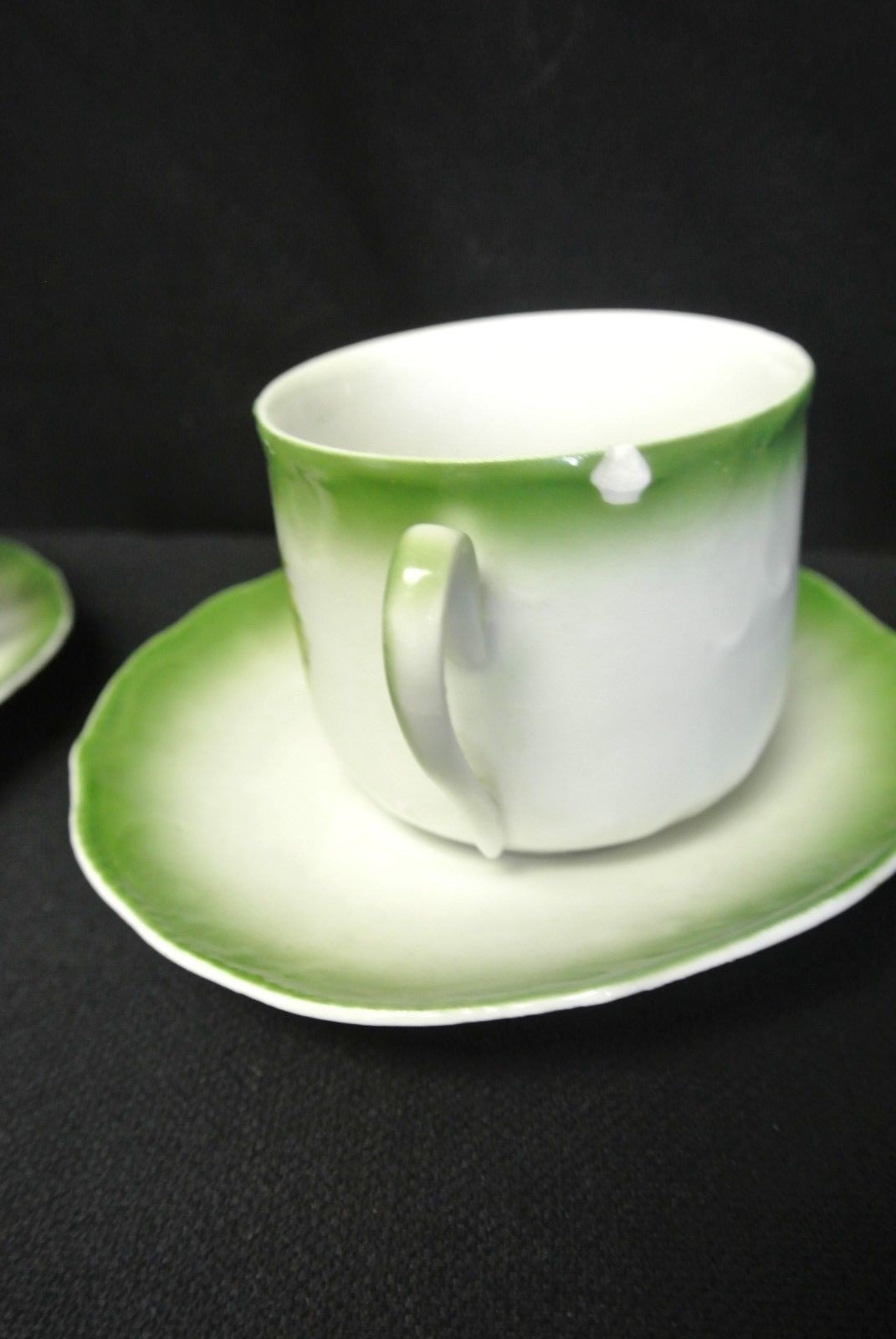 4 Vintage Lion Mark Made in Bavaria Green Cups & Saucers Decorated with Apples