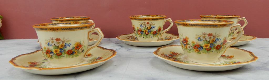 Set of 5 Vintage John Maddock & Sons "Meadow Flowers" Small Cup and Saucers