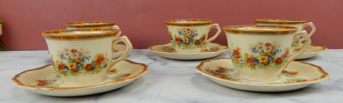 Set of 5 Vintage John Maddock & Sons "Meadow Flowers" Small Cup and Saucers