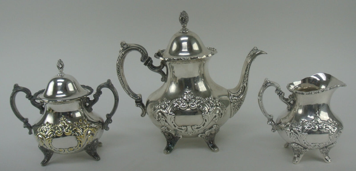 EPCA by Poole Silverplate Teapot #600 - Hand Chased Tea Pot,Sugar Bowl & Creamer
