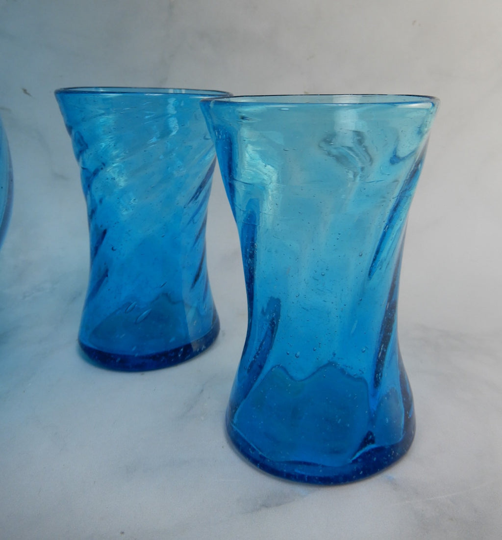 Vintage Avalos Mexican Tornillo Turquoise Hand Blown Pitcher and Four Glasses
