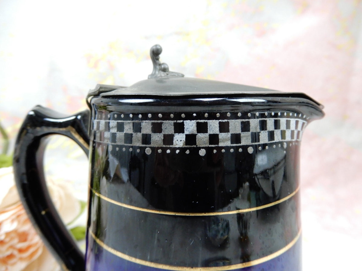 Vintage Ceramic Syrup Pitcher  with Metal Lid and Underplate