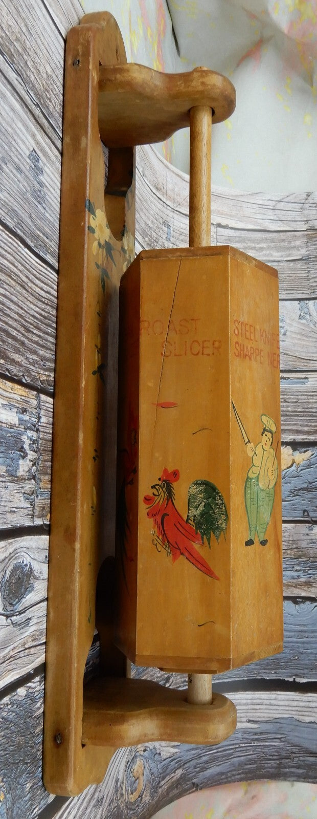 Vintage Wood Knife Holder Rack Wall Mount Kitchen Roosters & Chef Made in Japan