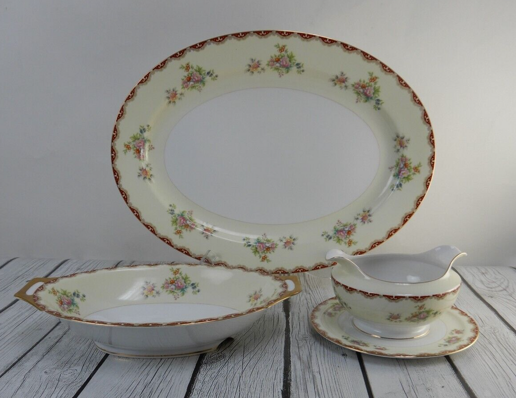 Set of 3 Pc. Meito China Floral Japan Platter,Serving Bowl,Gravy Bowl WITH CHIPS