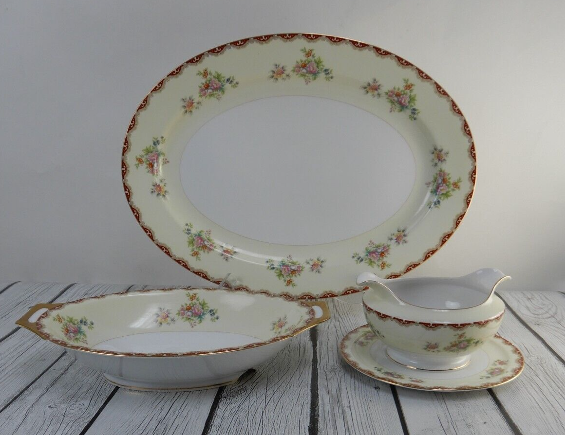 Set of 3 Pc. Meito China Floral Japan Platter,Serving Bowl,Gravy Bowl WITH CHIPS