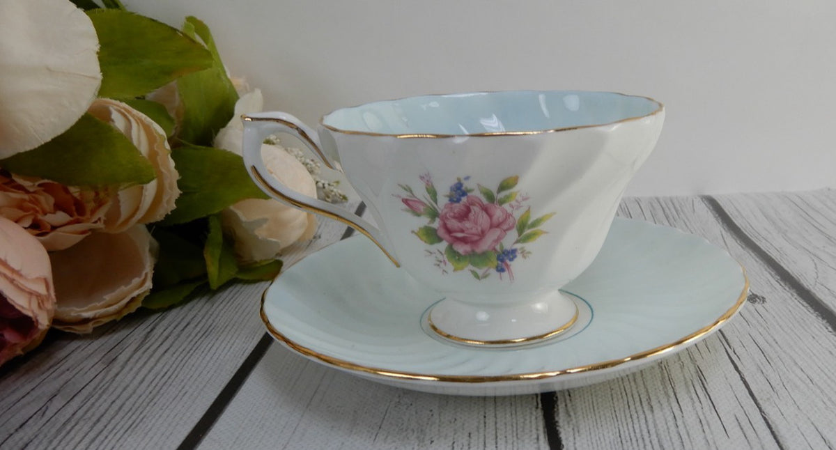 Vintage Aynsley Fine Bone China England w/ Rose Baby Blue Tea Cup & Saucer