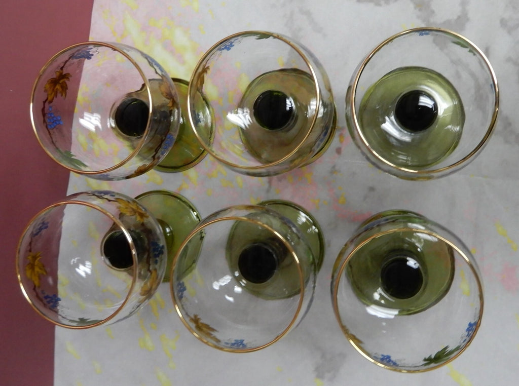 Vintage Set Of 6 Roemer Bubble Green Stem Glasses With Leaf Vine Wine Design