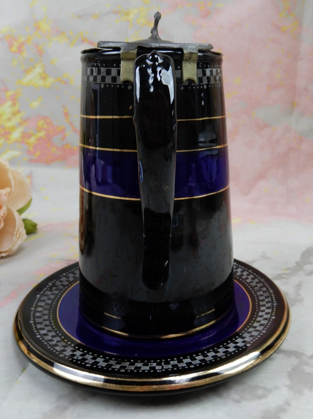 Vintage Ceramic Syrup Pitcher  with Metal Lid and Underplate