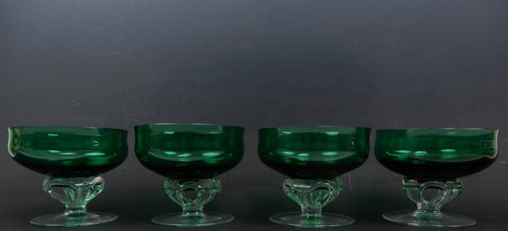 4 Hand Blown Forest Green with Clear Stemmed Sherbet 8 oz Glasses