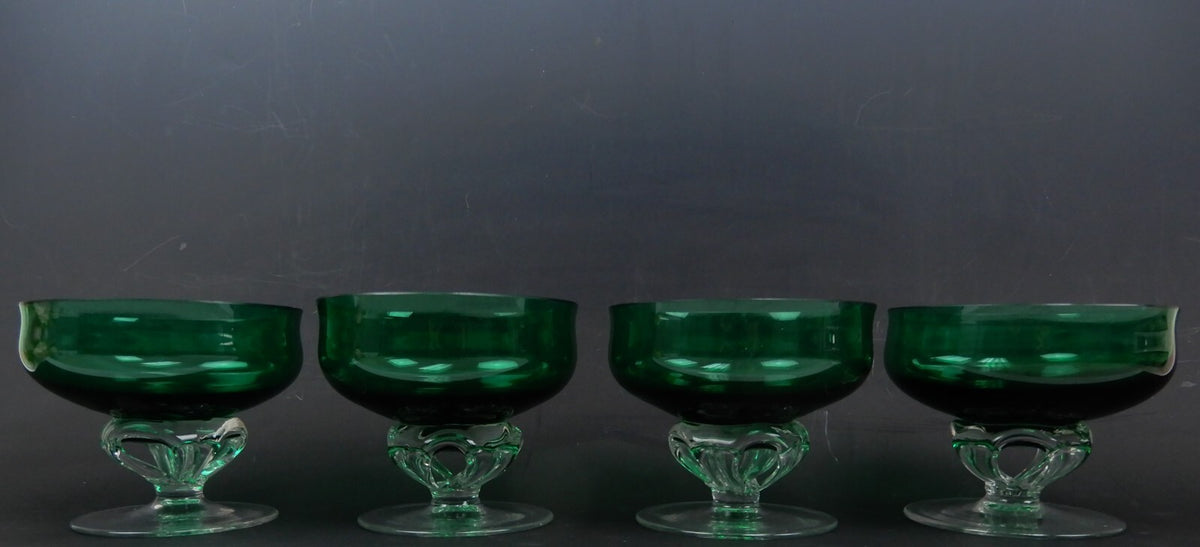 4 Hand Blown Forest Green with Clear Stemmed Sherbet 8 oz Glasses