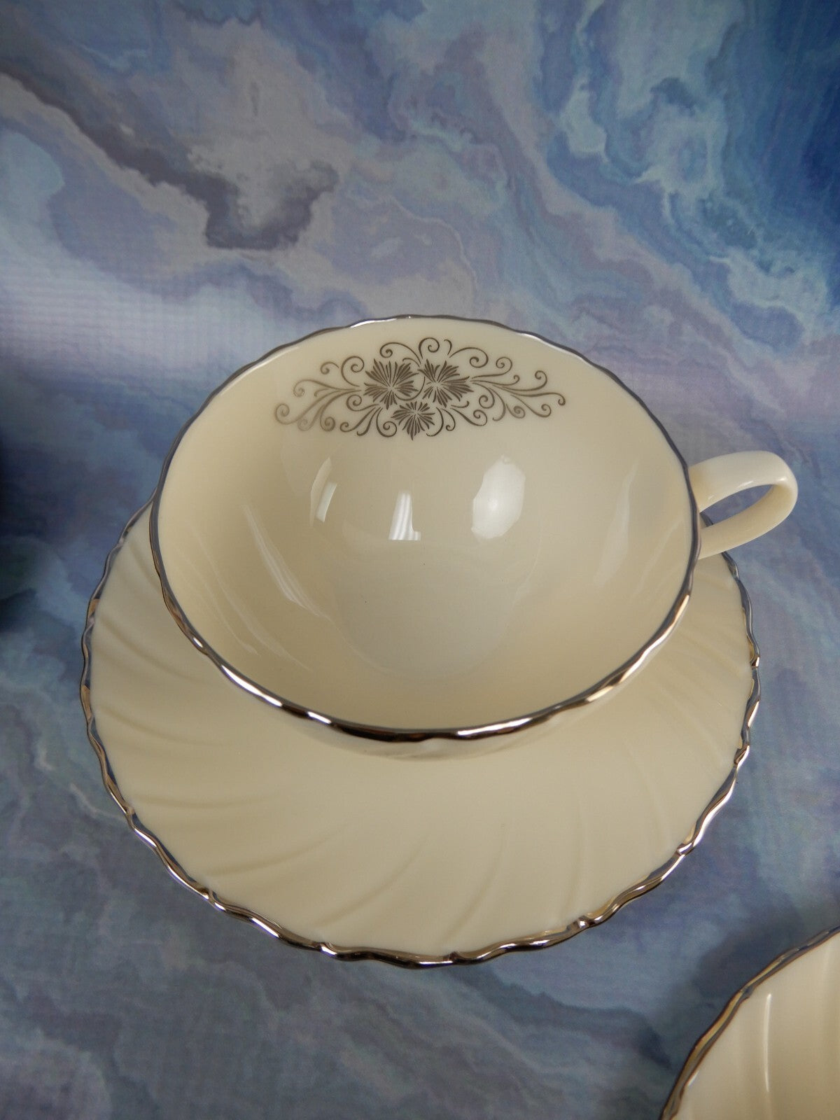 Vintage Lenox "Valera" Set of 4 Cups and Saucers Platinum Scroll Medallion
