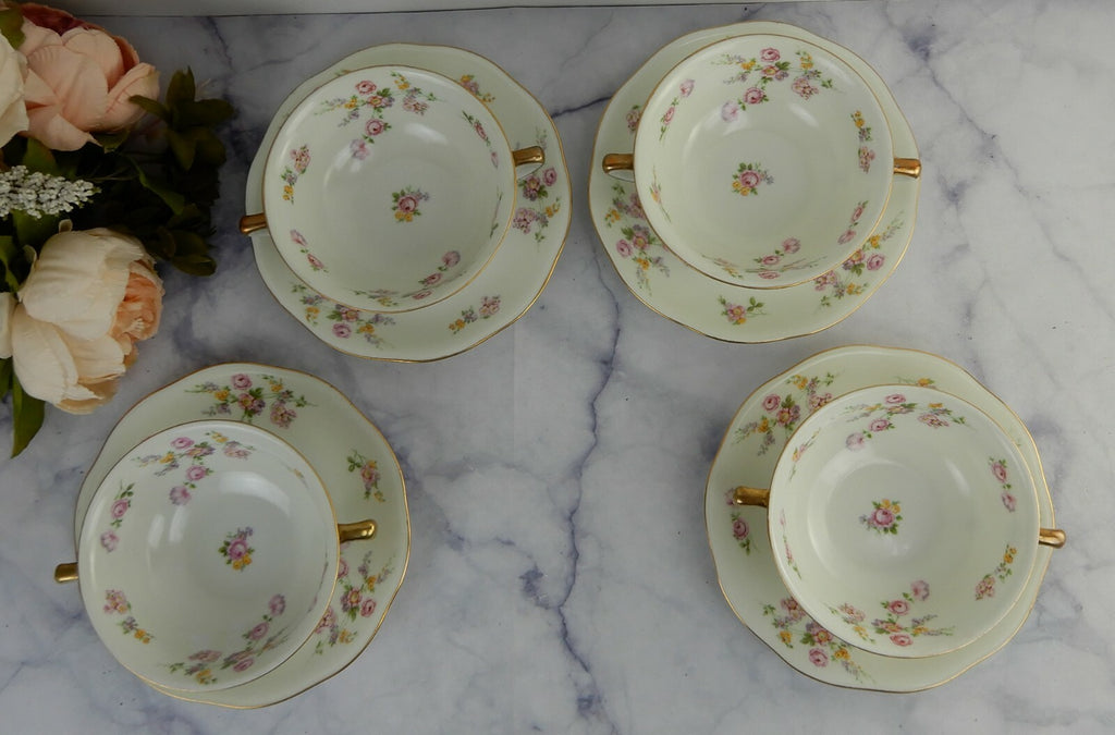 4 Baronet "Silvia" Made in Bohemia Czechoslovakia Soup Cups & Saucers