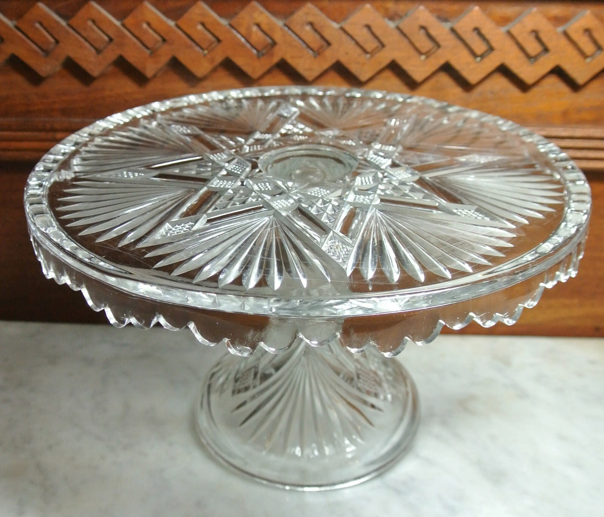 Vintage Star and Fans Press Glass Cake Stand