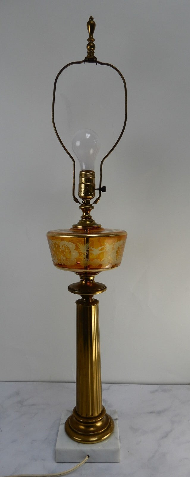 Vintage Czech Bohemian Amber Glass Etched W/ Brass Pilar Table Lamp Marble Base