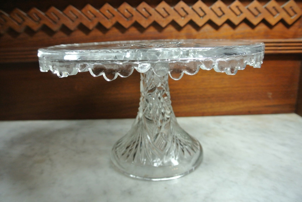 Vintage Star and Fans Press Glass Cake Stand