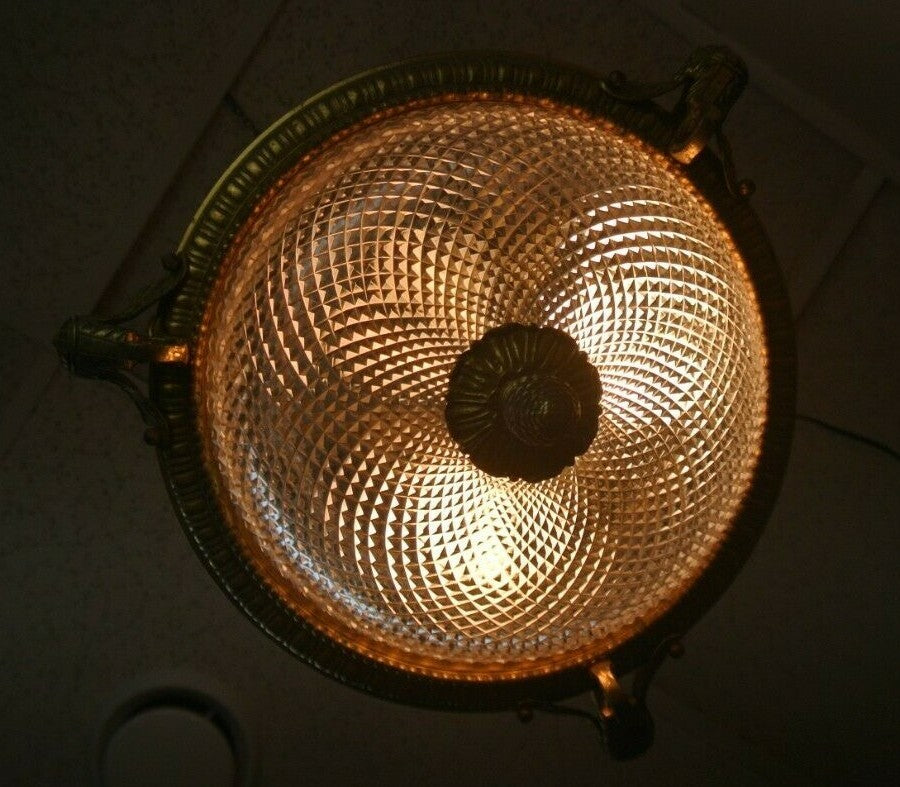 Vintage French Brass Ceiling Fixture Chandelier with Cut Glass Crystal Body