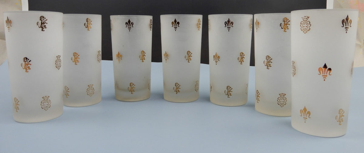 7 Frosted Highball Glasses with Golden Symbols Lions,Fleur De Lis and Shields
