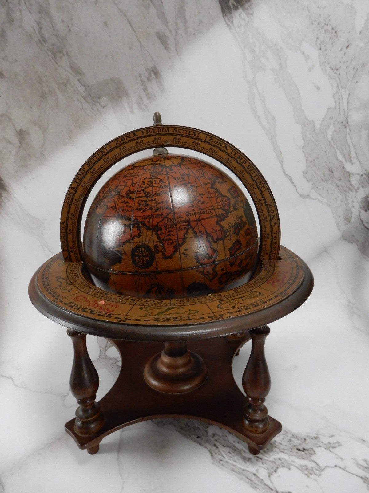 Vtge Italian Zodiac Celestial Globe Wood Stand Made in Italy Old World Decor 10"