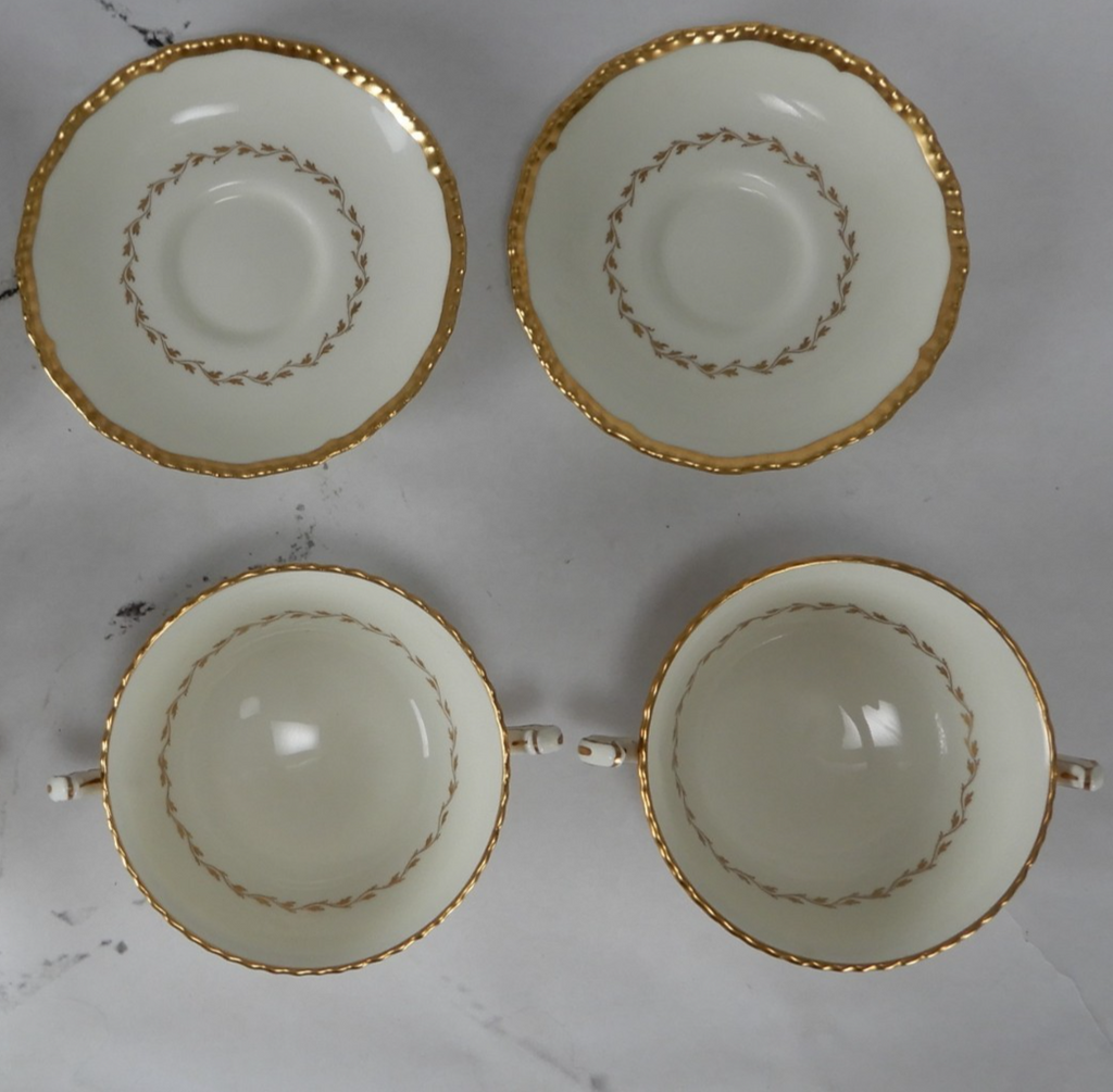 2 Royal Doulton Bone China "Belvedere V1877 "Handled Cream Soup Bowls w/ Saucers