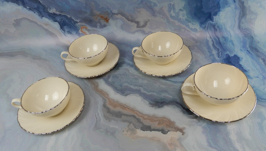 Vintage Lenox "Valera" Set of 4 Cups and Saucers Platinum Scroll Medallion