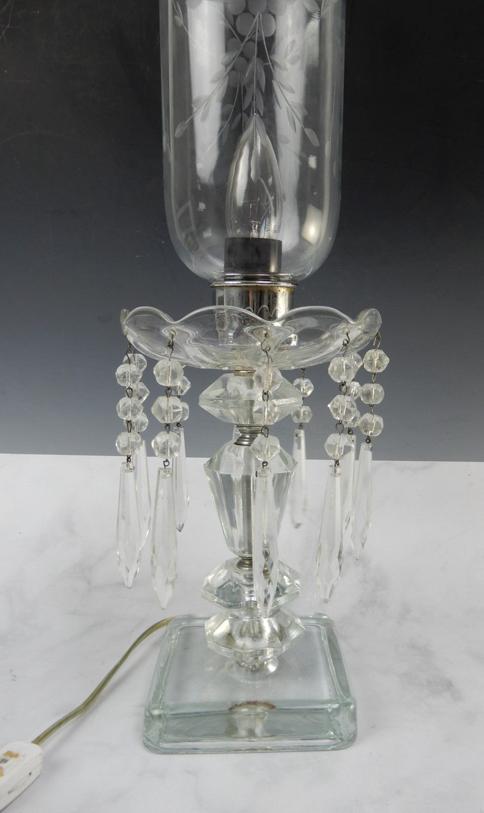 Vintage Crystal Regency Table Lamp W/Hanging Prisms 18-3/4" Tall
