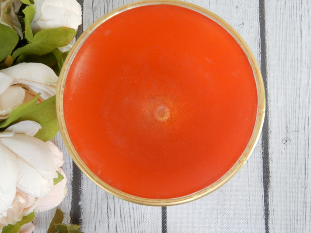 Vintage Rambler Rose Orange Glass Gold  Footed Candy Dish w/Lid