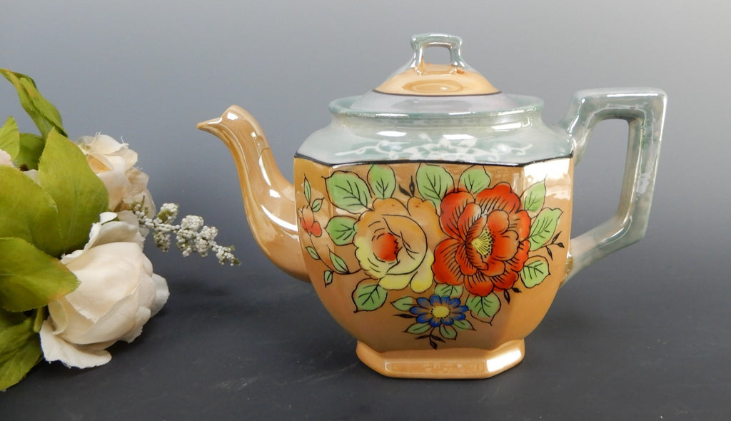 Vintage Japanese Yu Shoten And Company Peach And Blue Lusterware Teapot