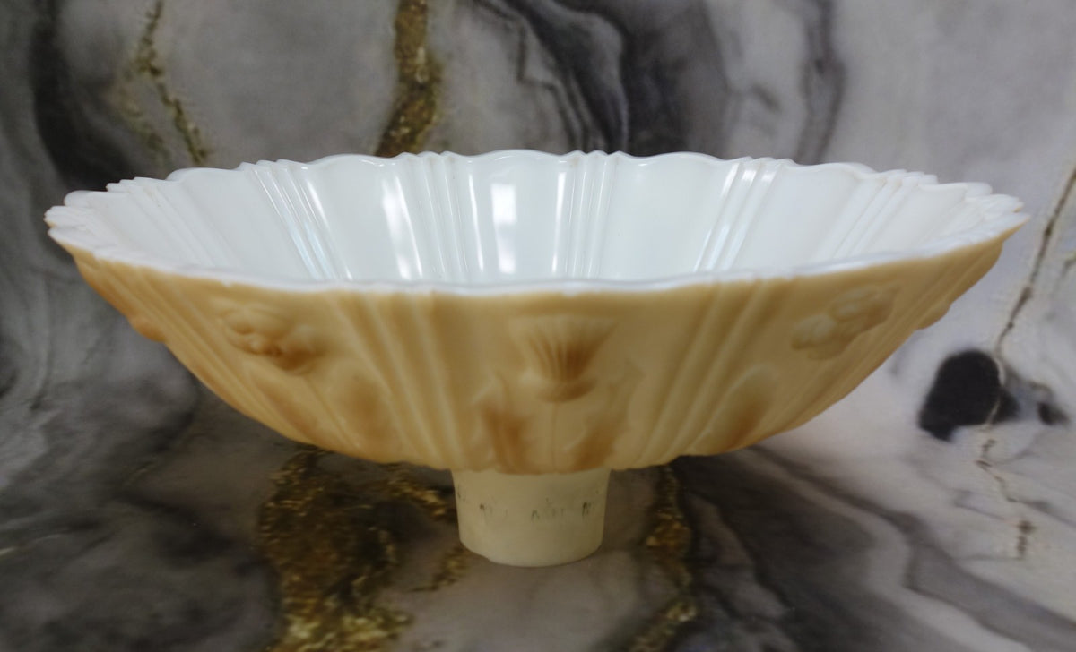 Heavy Torchiere Opaque White & Caramel Shade Embossed Art Deco for Floor Lamp