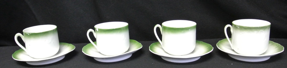 4 Vintage Lion Mark Made in Bavaria Green Cups & Saucers Decorated with Apples