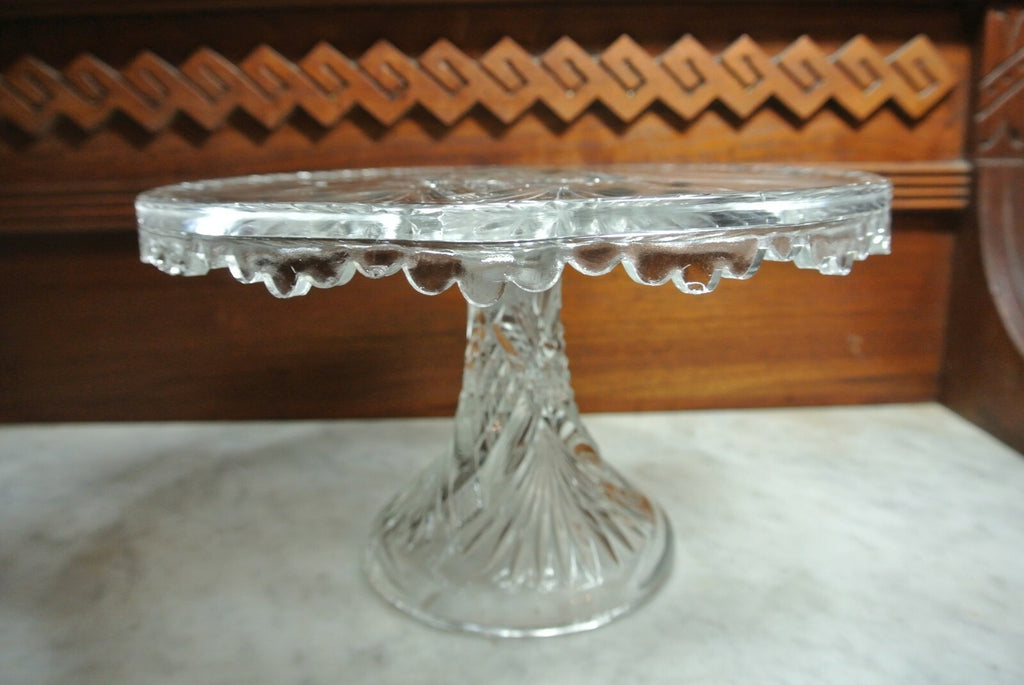Vintage Star and Fans Press Glass Cake Stand