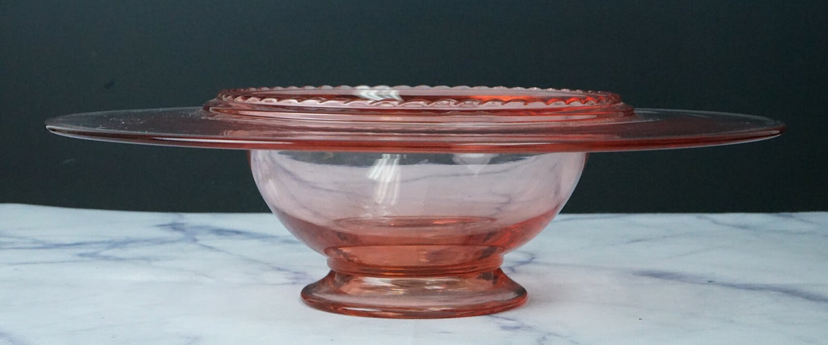Vintage Pink Depression Glass Center Bowl Ribbed Rim 12.5'' Home Decor
