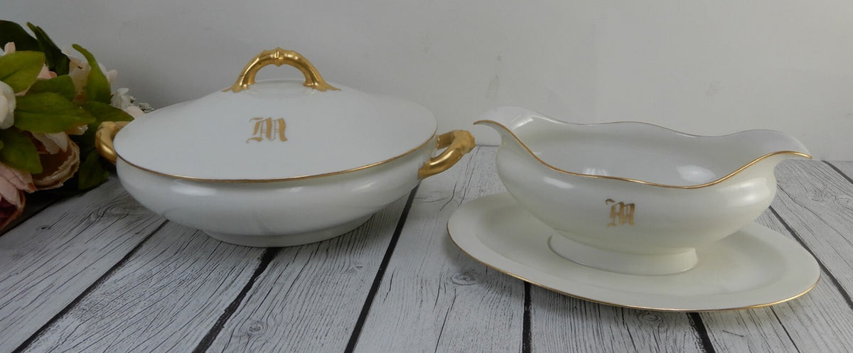 Vintage Haviland Limoges France Tureen and Gravy Boat W/with Letter M