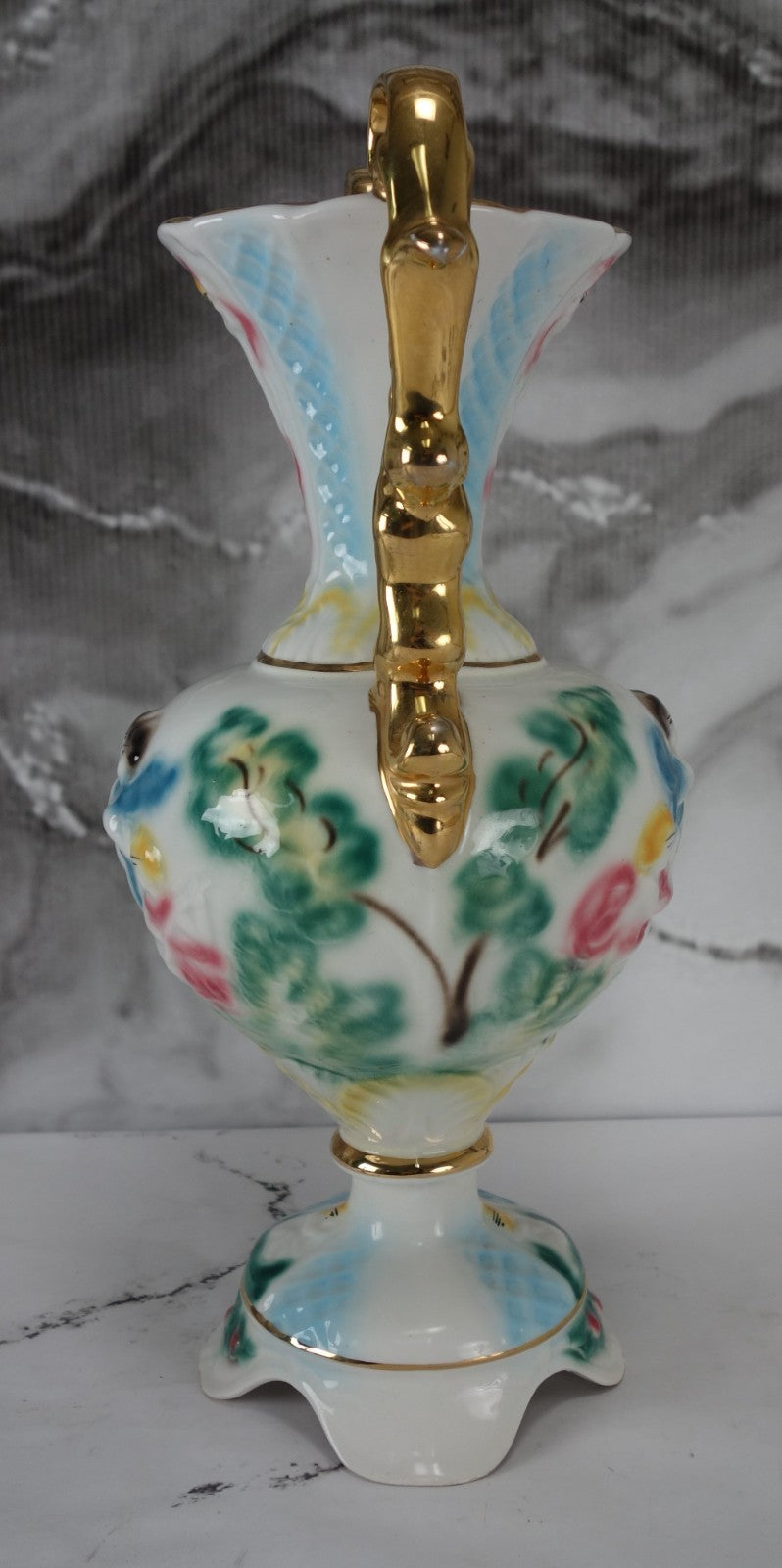 Hand Decorated With Cherubs Italian Footed Vase, Gold Trim Porcelain 15.5" Tall