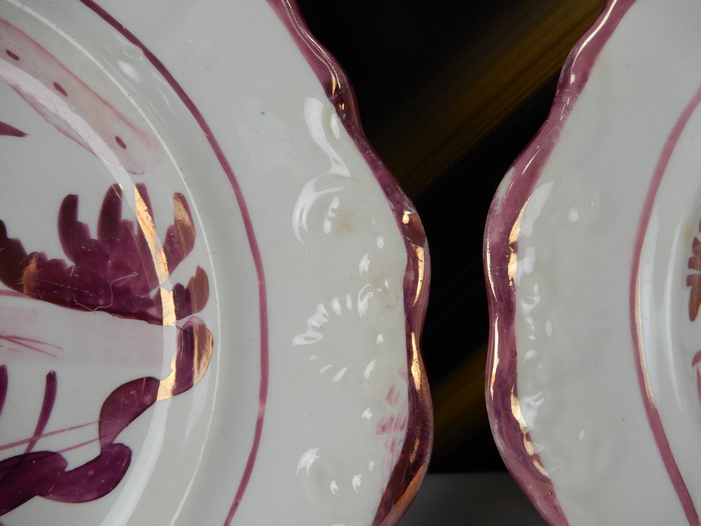 Antique Staffordshire Pink Luster Pearlware Embossed Handled Plates