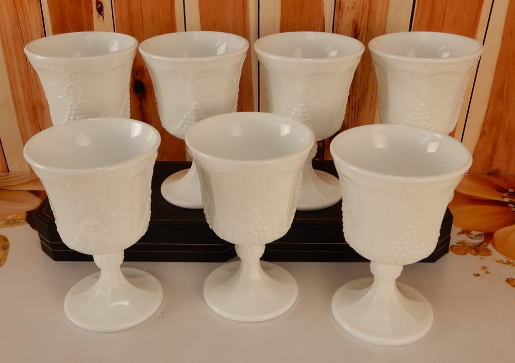 Vintage Set of 7 Indiana Colony Milk Glass Opaque White 8 oz Goblets