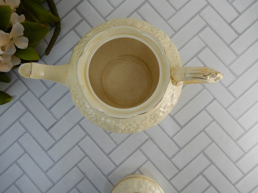 Crown Ducal Gold Gild Band Florentine Sand Cream Teapot with Fixed Handle As Is