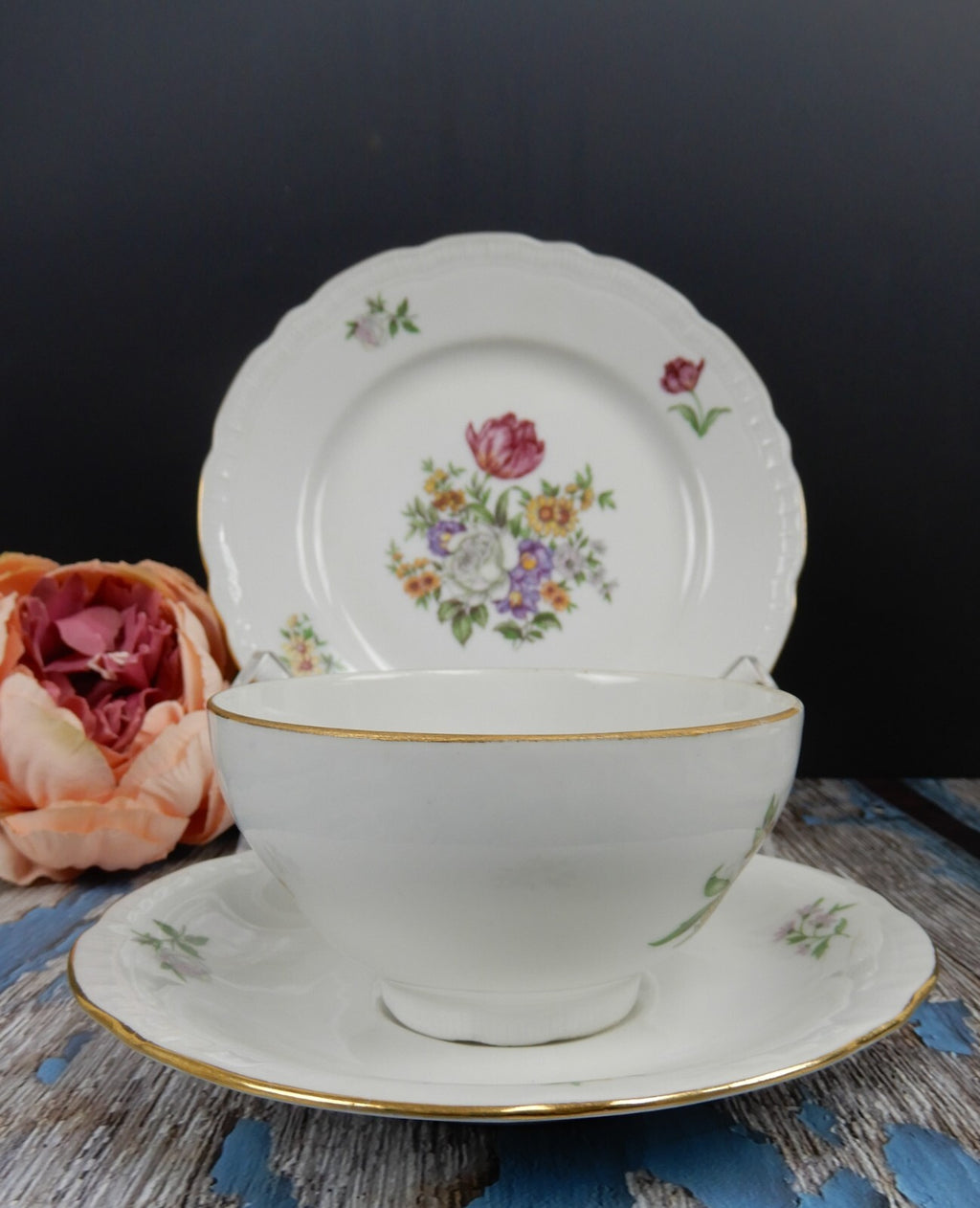Vintage " Bouquet" Europa Fine Porcelain Trio Made In Czechoslovakia