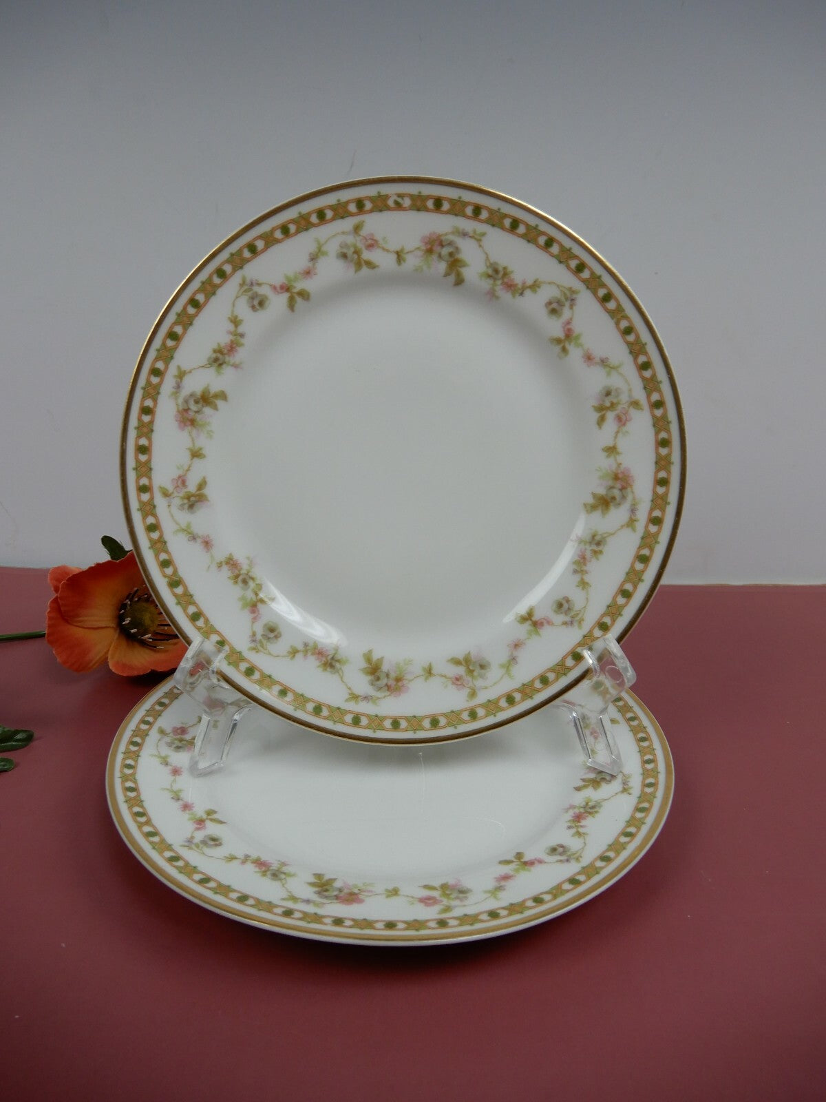 Theodore Haviland Limoges France Set of 4 Pink Roses B/B Plates w/ Gold Trim