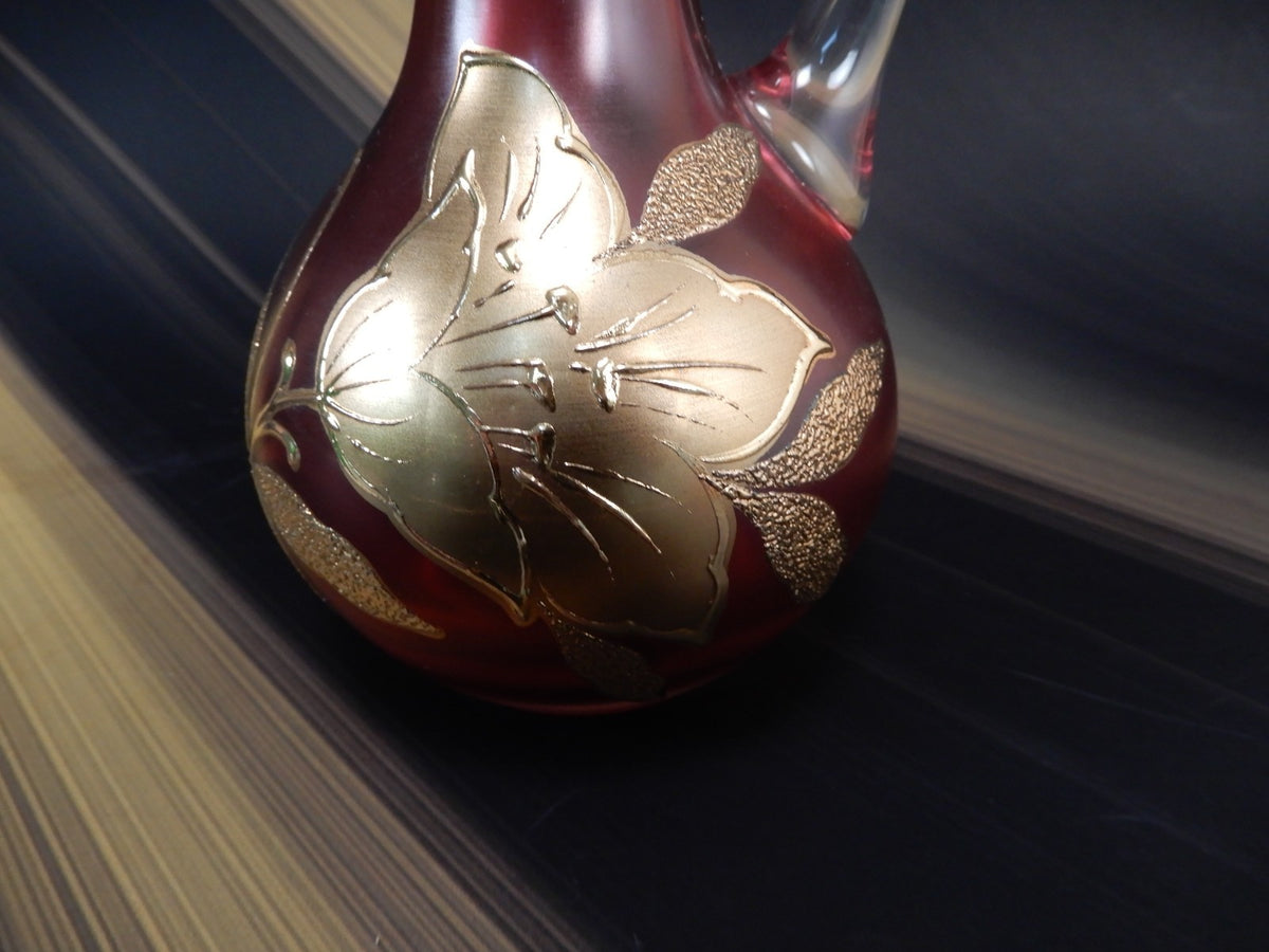 Vintage Bohemian Ruby  Red Glass Gold incustred Poppy Flowers Cruet with Stopper