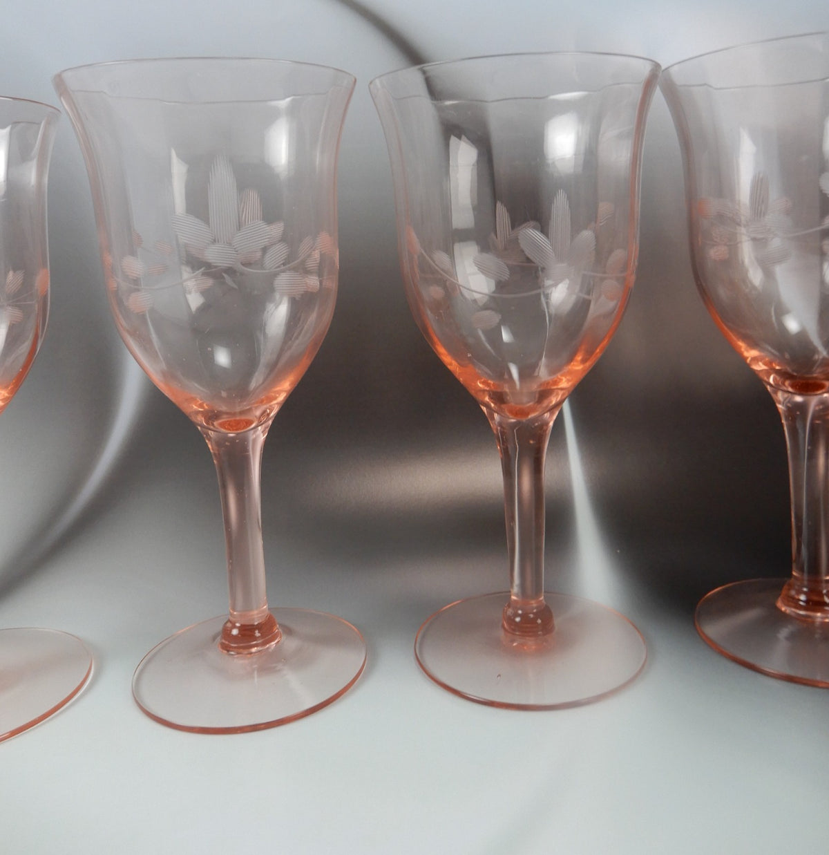 Set of 7 Pink Depression Floral Etched Stemware Wine Glasses ~10 Fluid Ounces