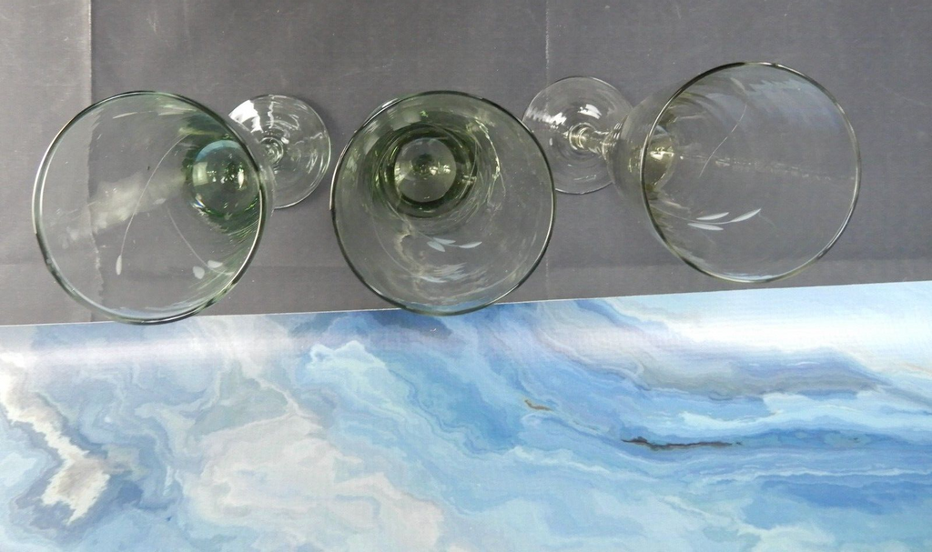 Set of 3 Hand Blown and Etched Glass - Champagne Flute Glasses