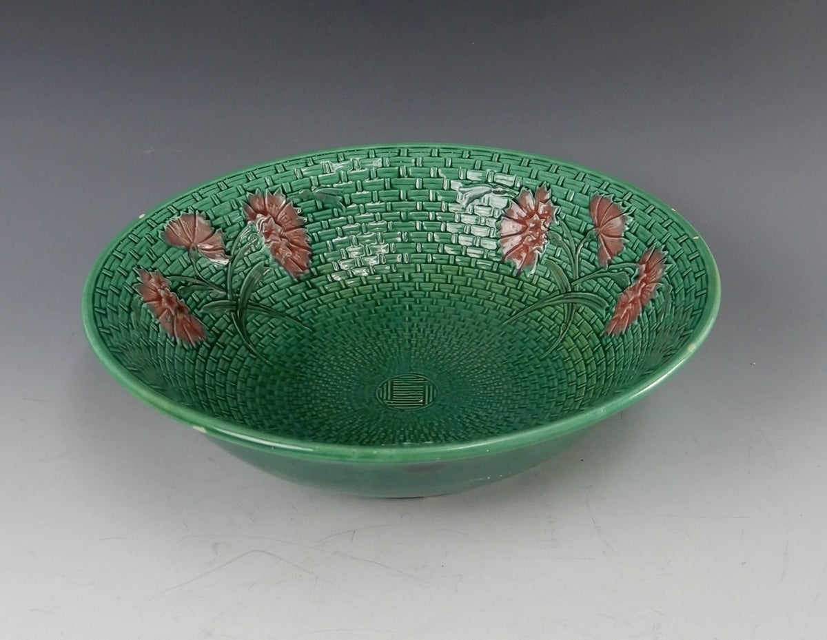 Antique Majolica Plate G S Zell Baden 7494 Basketweave  9-1/2" Bowl Ca. 1907