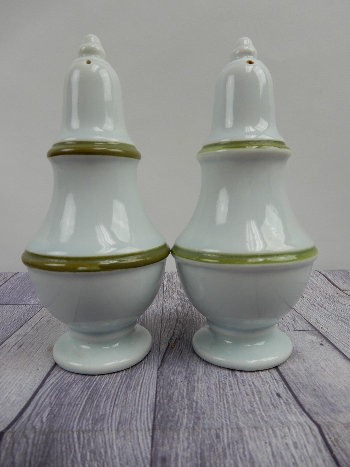 Set of Two Vintage Ironstone Big Salt & Pepper Shakers w/Green Bands