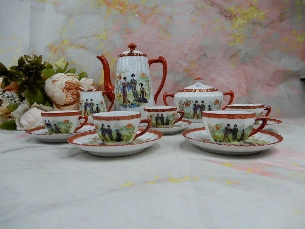 Vintage Children's Pot,Sugar Bowl,Creamer,5 Cups and Saucers w/ Geishas Red Mark