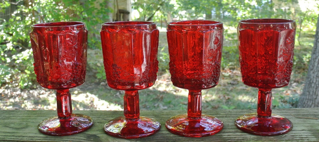 Set of 4 L. G. Wright Ruby Red Glass Westmoreland's Paneled Grape 6" Goblets 8oz