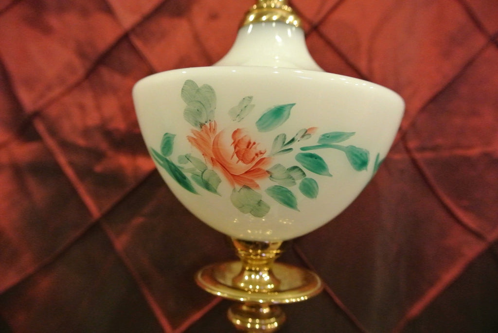 Vintage Brass White Milk Glass Hand Painted Lamp Marble Base