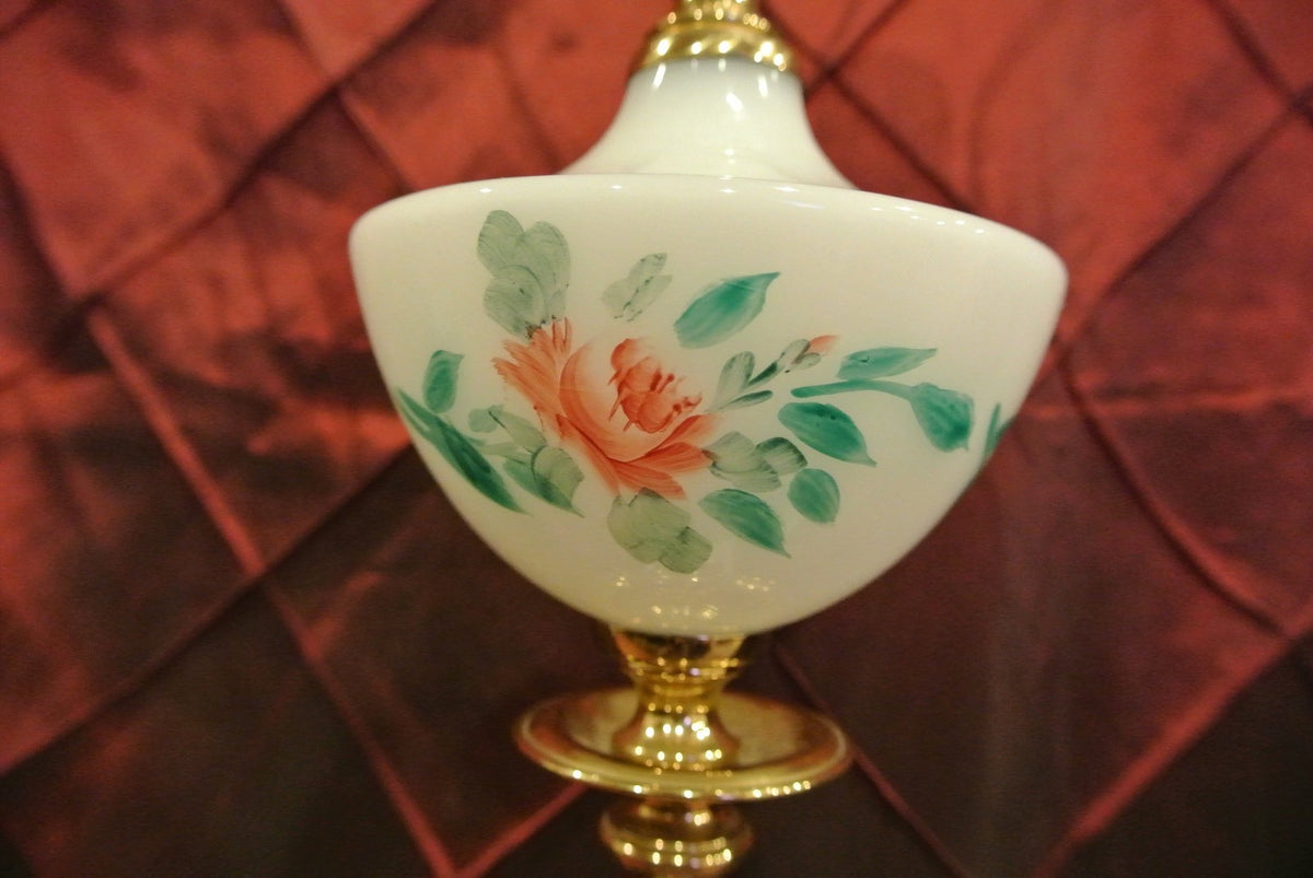 Vintage Brass White Milk Glass Hand Painted Lamp Marble Base