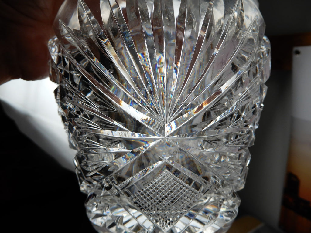 American Brilliant Period ABP Heavy Crystal Cut Glass Hobstar,Fan Notched Handle