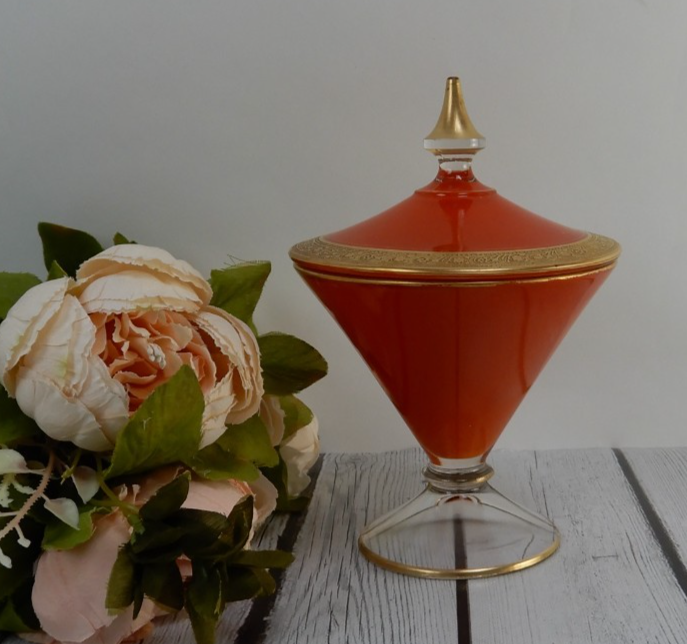 Vintage Rambler Rose Orange Glass Gold  Footed Candy Dish w/Lid
