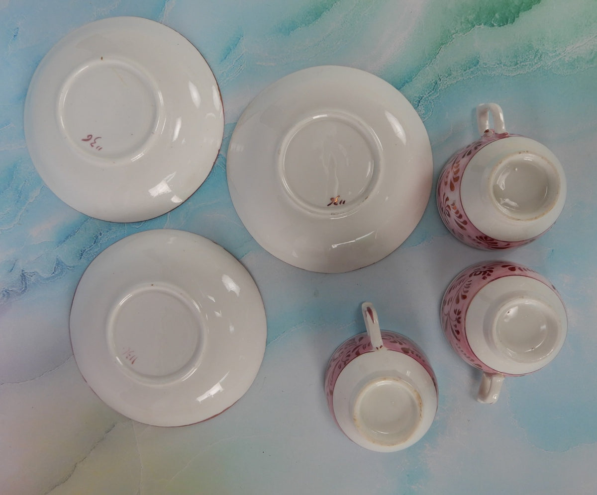 Set of 3~1800s Staffordshire Pink Luster Cups and Saucers: Sunderland Lusterware